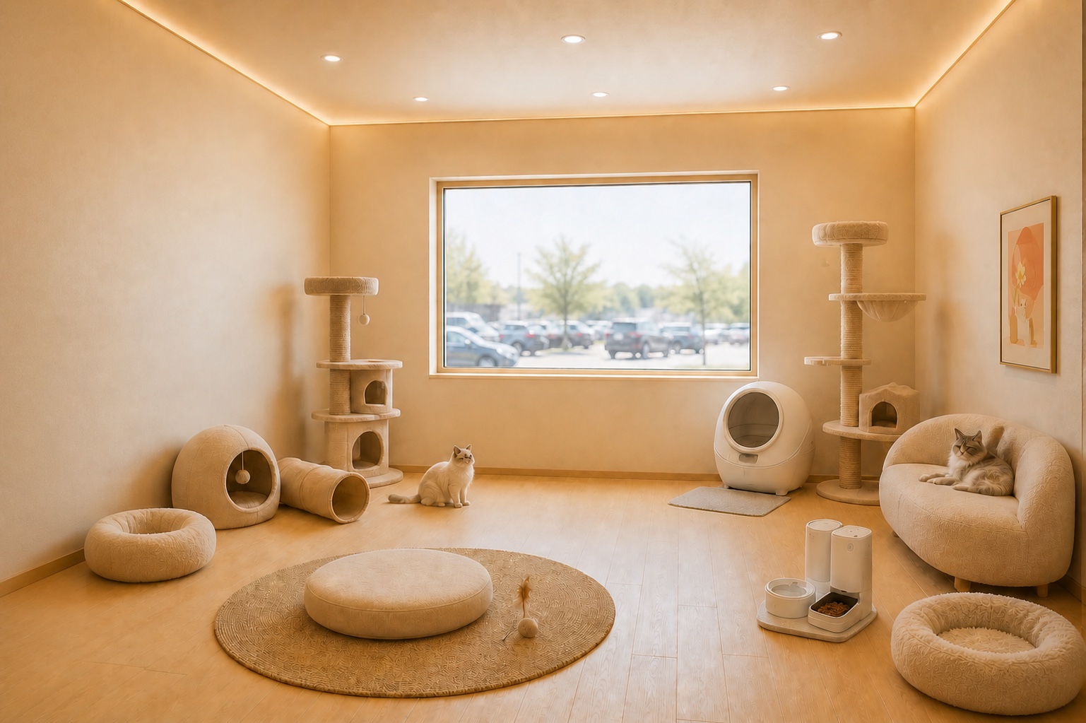 Presidential Suite with freestanding cat trees and a parking-lot window
