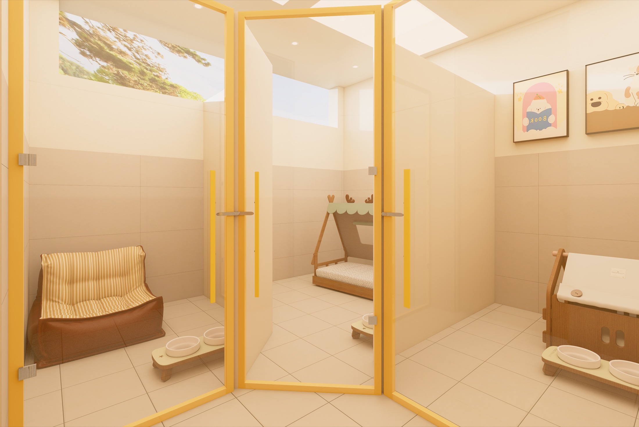 Warm glass-front dog boarding rooms