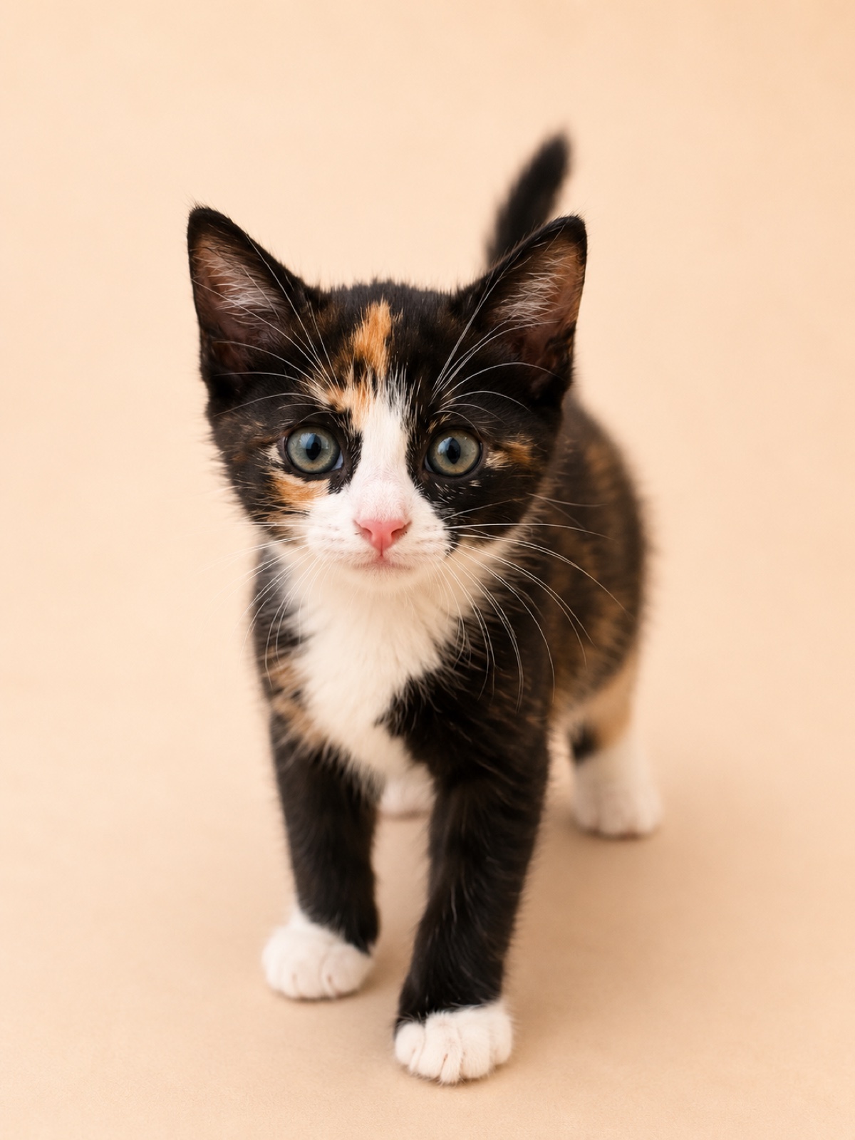 Calico kitten walking toward the camera
