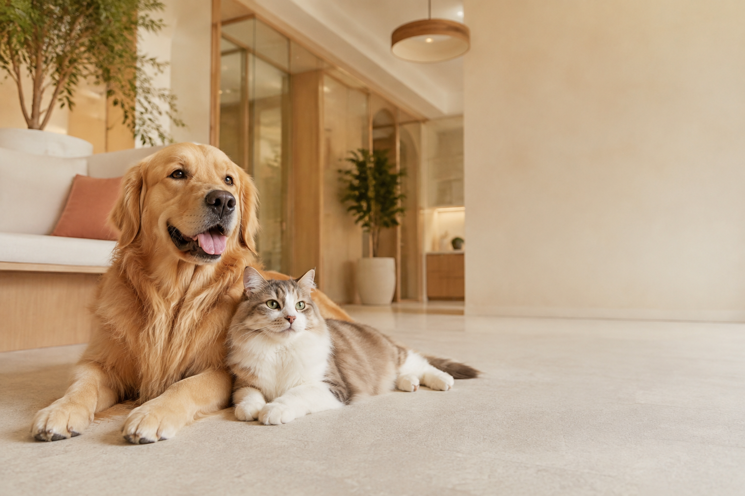 Golden retriever and cat relaxing in a premium pet-care facility