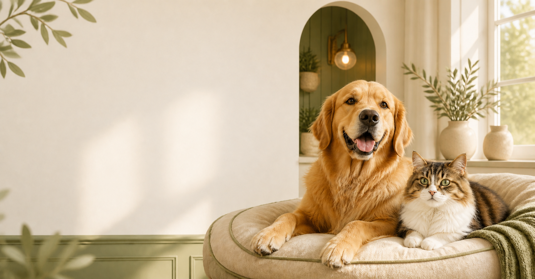 Cat and dog in a premium pet-care setting