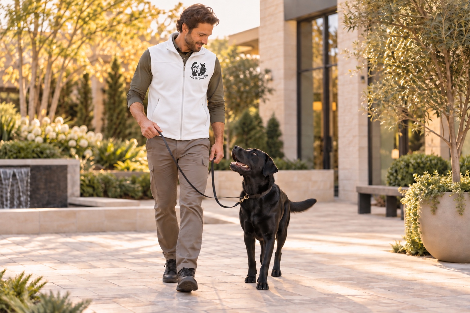 Good Cat Good Dog trainer practicing loose-leash heel work with a black Labrador