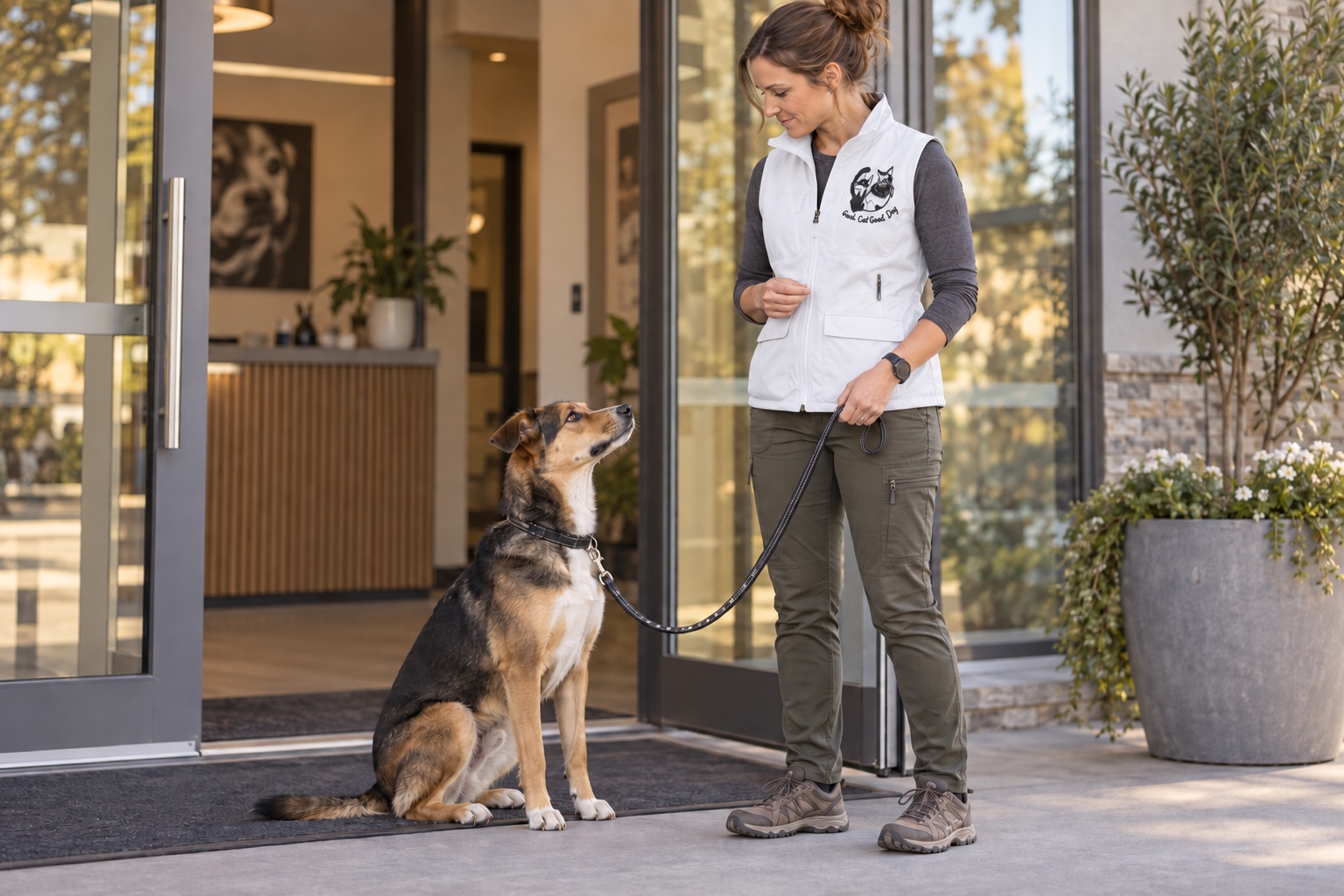 Good Cat Good Dog trainer practicing calm threshold behavior with a rescue dog