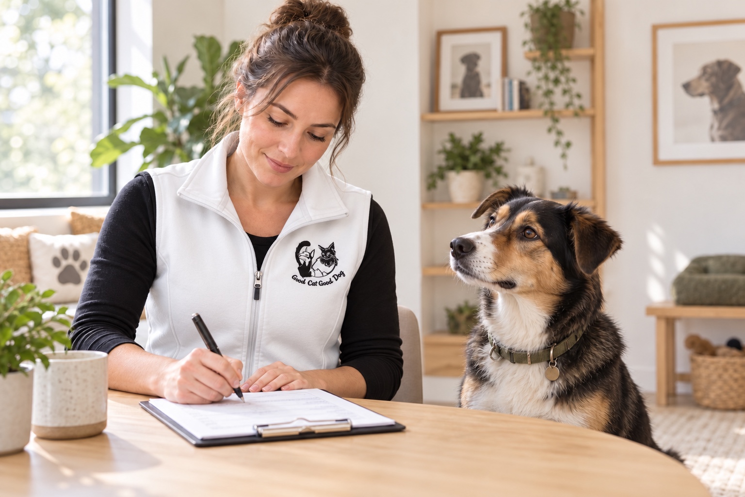 Good Cat Good Dog trainer recording observations during a one-on-one dog assessment