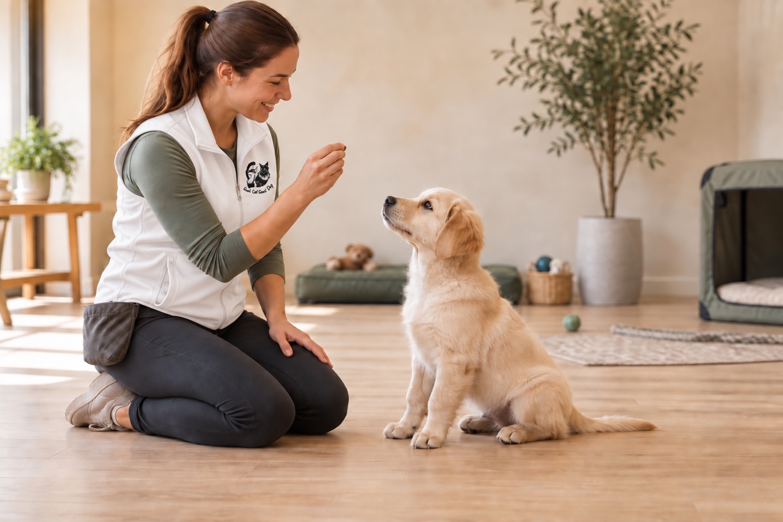Good Cat Good Dog trainer teaching a golden retriever puppy calm focus